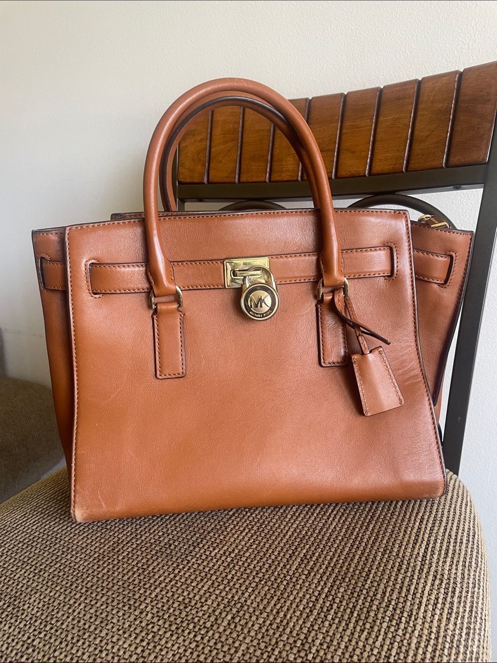 Michael Kors Hamilton Large Brown Leather Satchel Luggage Gold Hardware